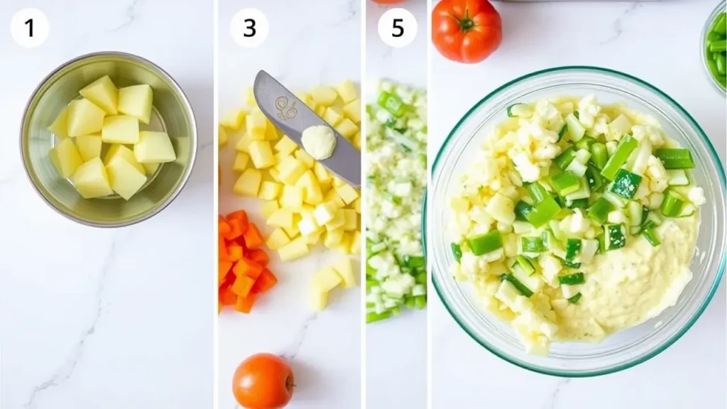 Préparation de la salade pomme de terre : cuisson, découpe et assaisonnement des ingrédients"