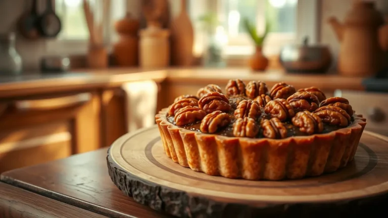 Tarte aux noix dorée et croustillante sortie du four, servie sur une assiette en bois rustique