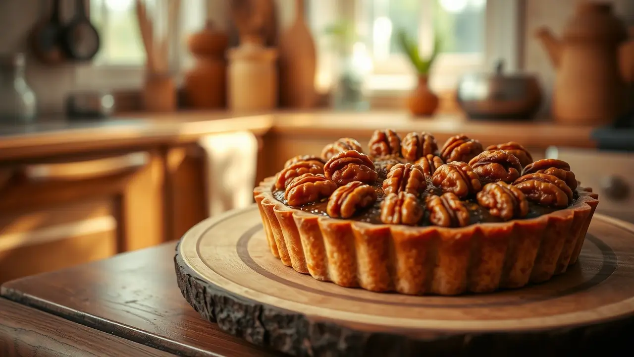 Tarte aux noix dorée et croustillante sortie du four, servie sur une assiette en bois rustique