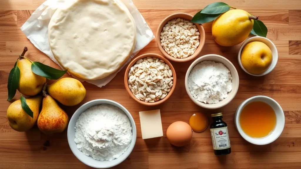 Ingrédients pour une tarte amandine aux poires : poires, pâte sablée, poudre d’amandes, œufs, sucre, beurre