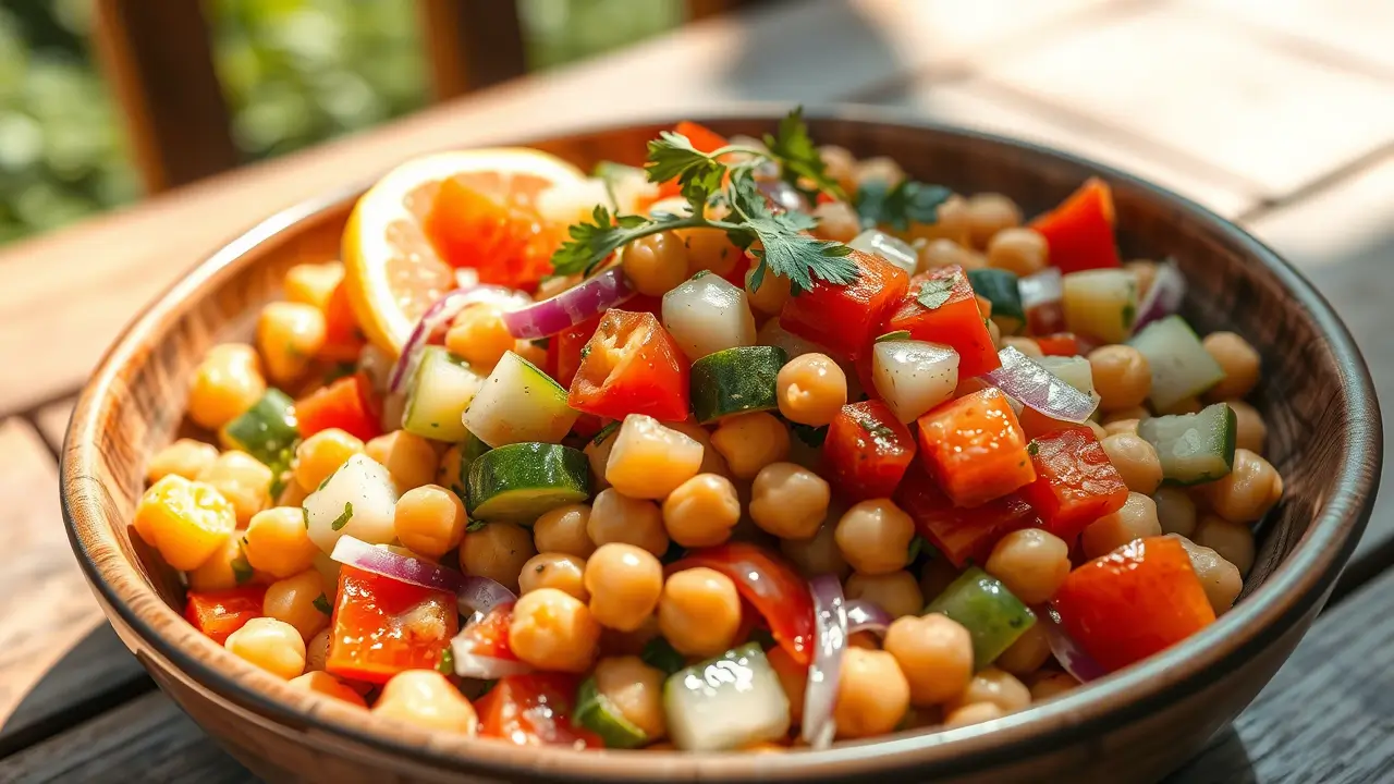 Salade de pois chiche servie dans un bol avec des légumes frais colorés.