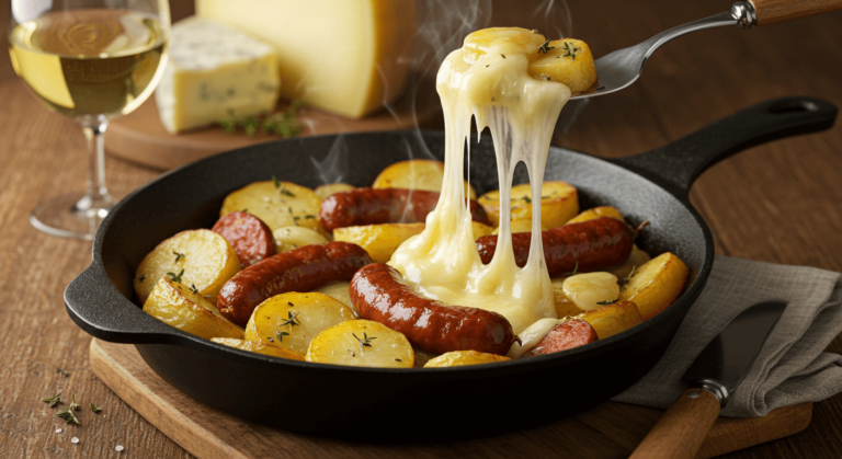 Poêlée franc-comtoise avec pommes de terre, lardons et Comté fondu.