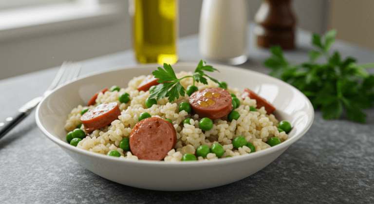 Assiette de riz aux saucisses et petits pois, assaisonné et fumant.