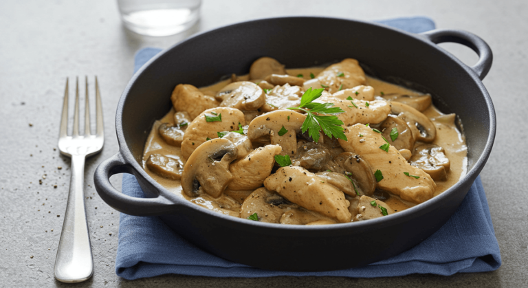 Stroganoff de poulet avec sauce crémeuse et champignons.