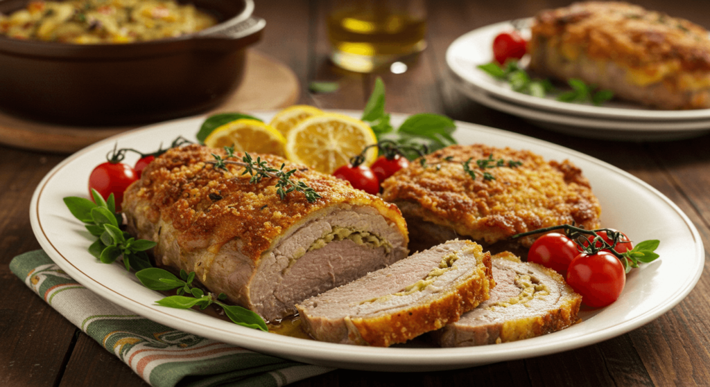 Assiette de veau à la provençale accompagnée de pâtes.