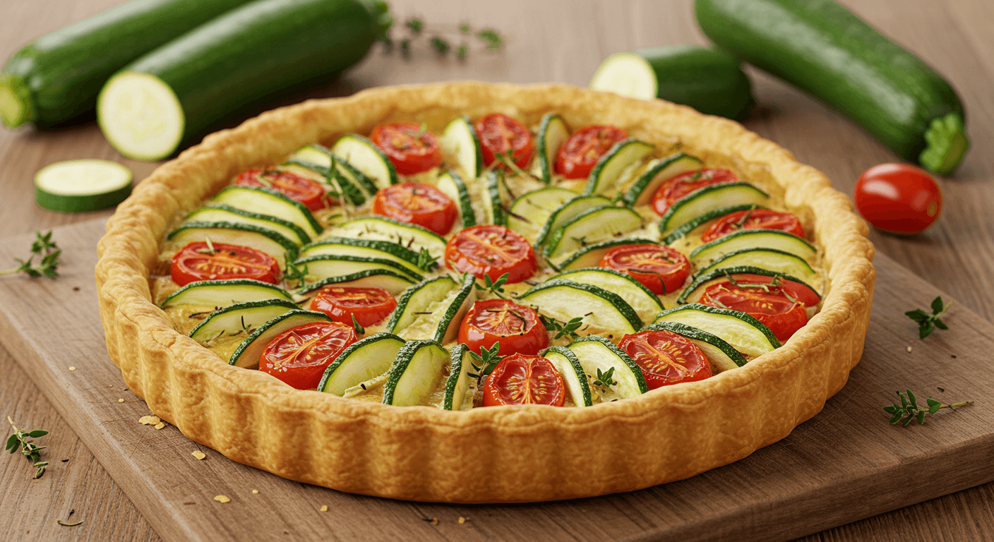 Tarte Courgette dorée et croustillante sortie du four, servie dans une assiette en céramique.