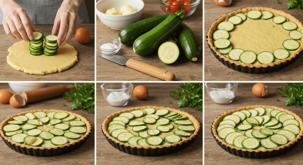 Étapes de préparation de la Tarte Courgette, de la découpe des courgettes à l’assemblage dans le moule.