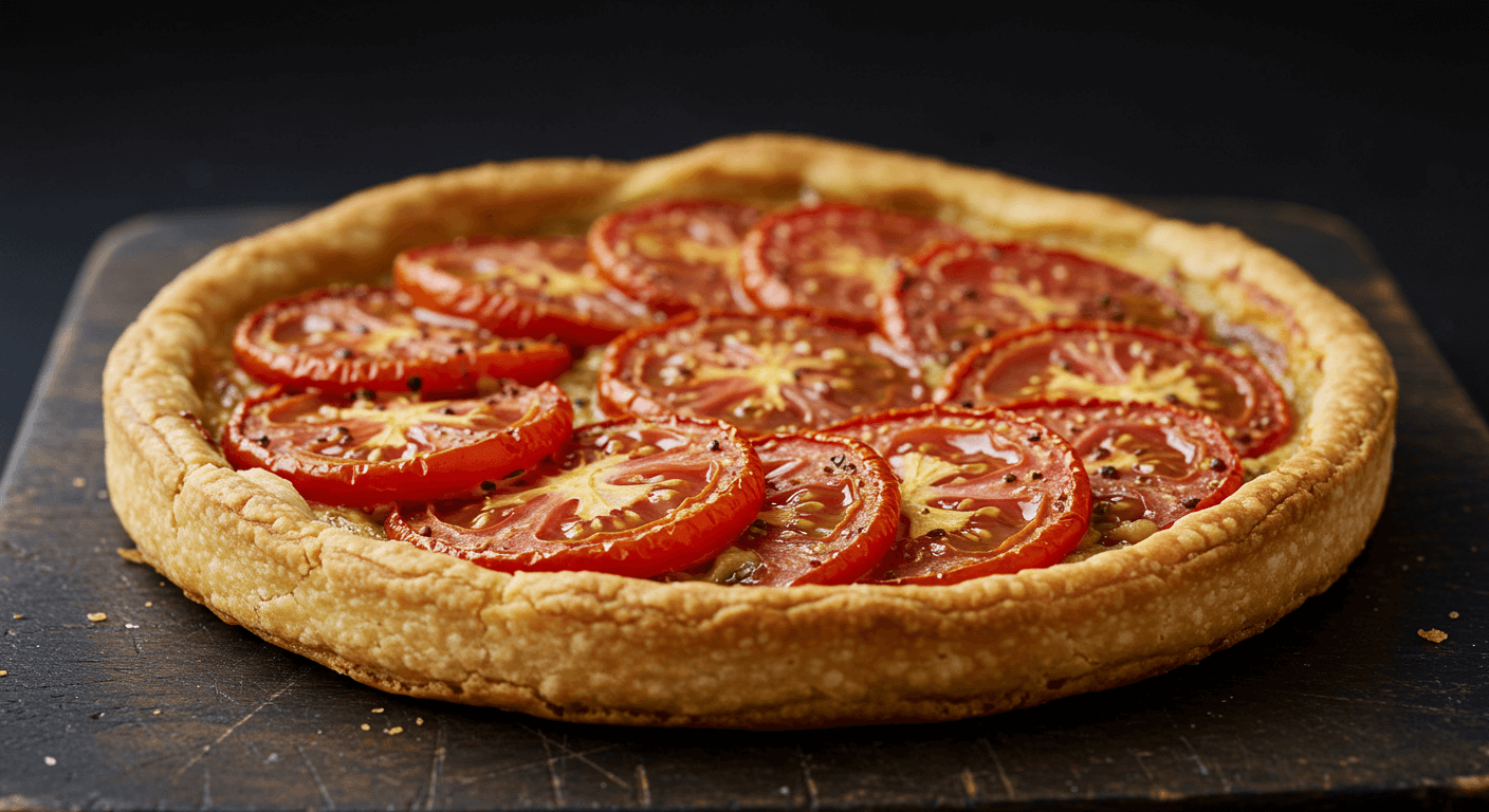 Tarte tomate moutarde dorée et croustillante sortie du four