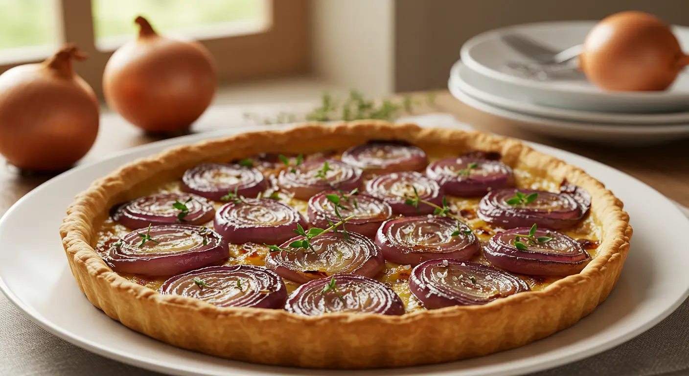 Tarte à l'oignon dorée et croustillante sortie du four