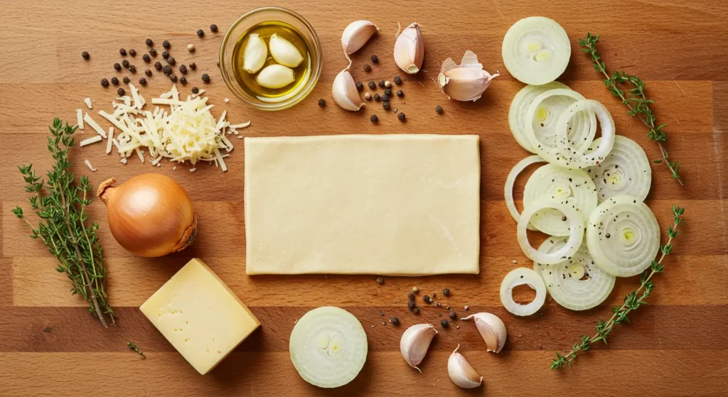 Ingrédients frais pour préparer une tarte à l'oignon