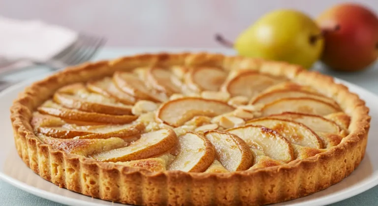 Tarte poire amandine dorée sortie du four, prête à être dégustée