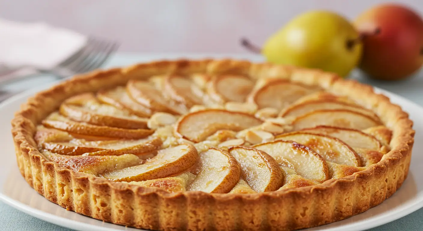 Tarte poire amandine dorée sortie du four, prête à être dégustée