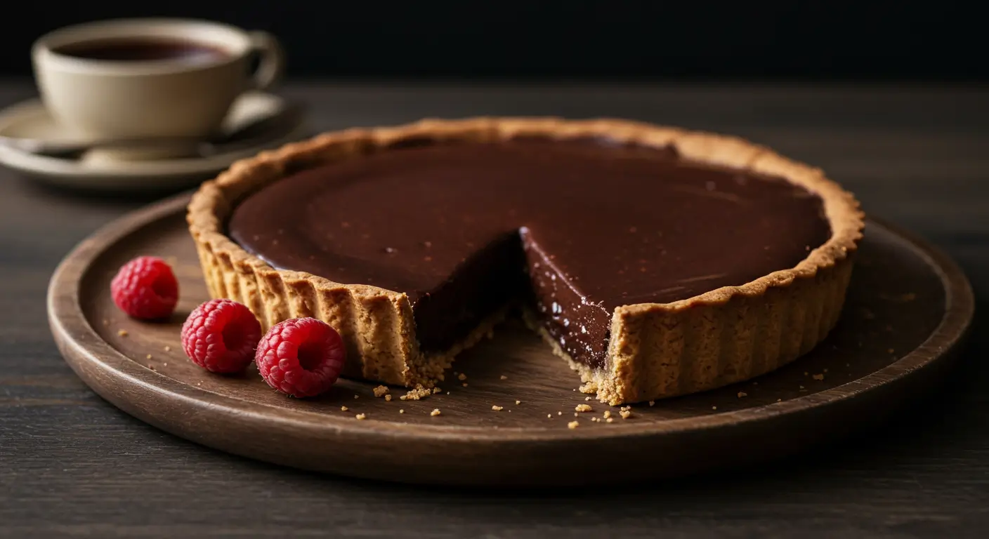 Tarte chocolat parfaitement cuite, servie sur une assiette avec une garniture brillante au chocolat noir.