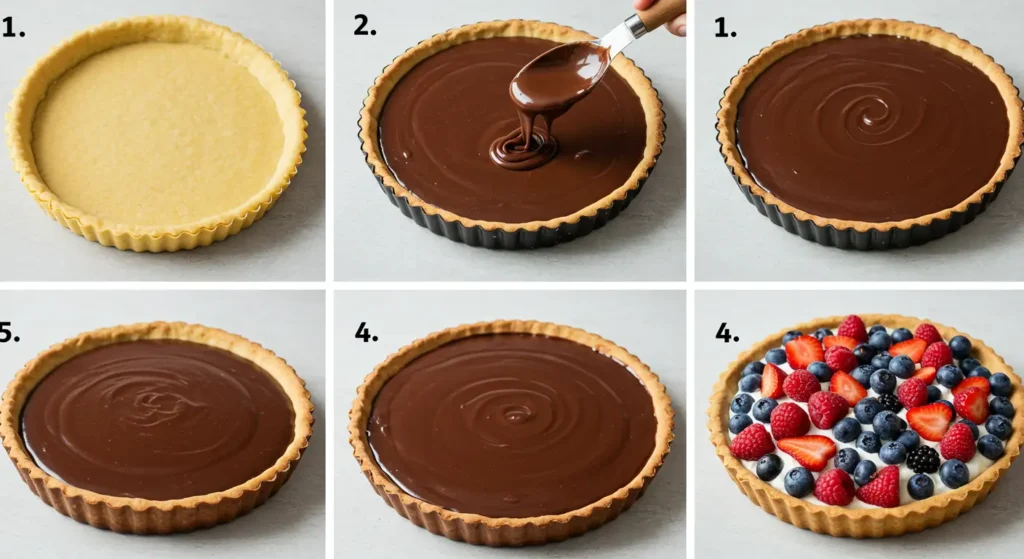 Étapes de préparation de la tarte chocolat : pâte, ganache et assemblage.