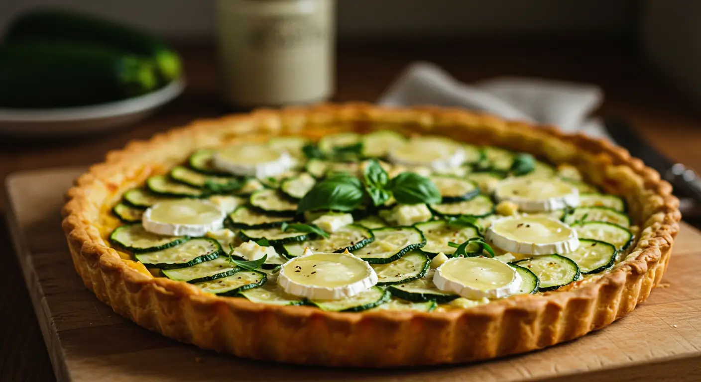 Tarte courgette chèvre dorée et croustillante servie sur une assiette en bois