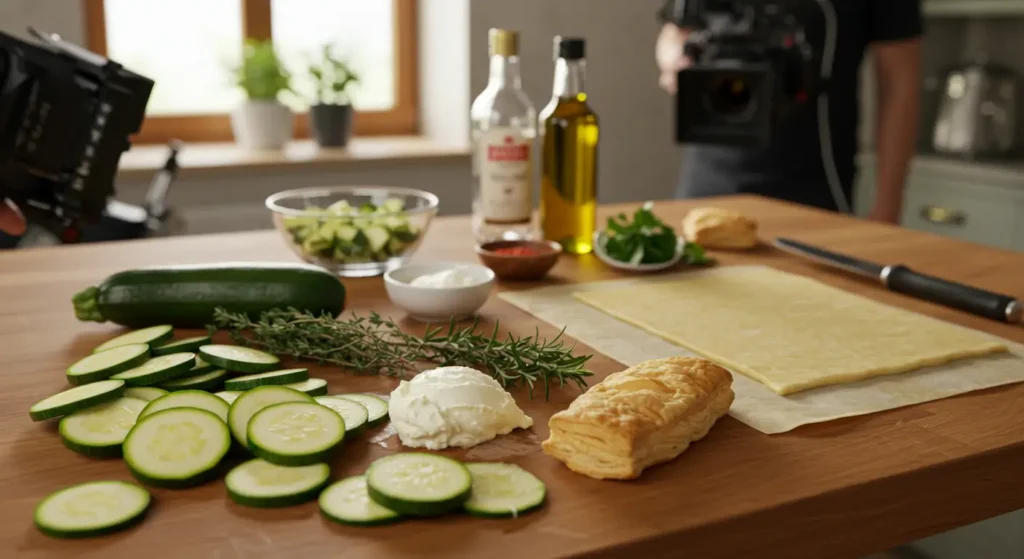 Ingrédients pour préparer une tarte courgette chèvre sur un plan de travail