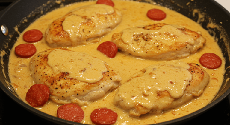 Poulet fondant mijoté avec chorizo et sauce crémeuse.