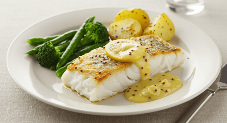 Cabillaud au four avec sauce moutarde et crème citronnée.