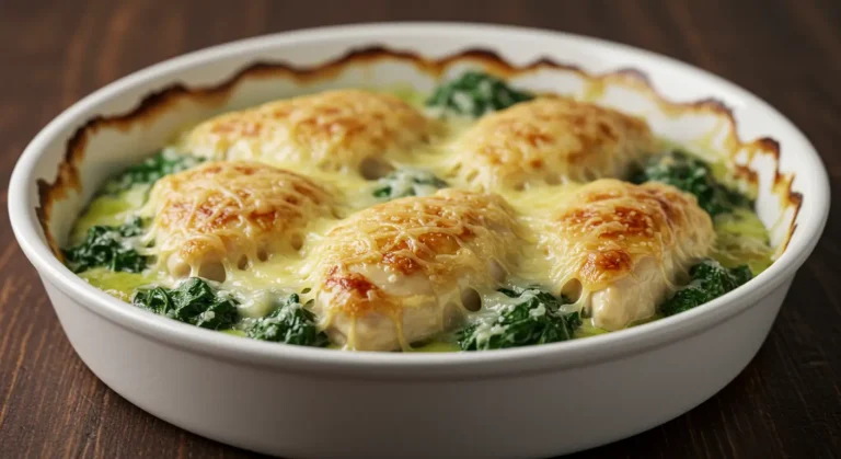 Gratin de poulet aux épinards et fromages facile, doré et fondant, prêt à être servi