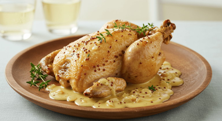Poulet crémeux à la moutarde servi avec une sauce onctueuse