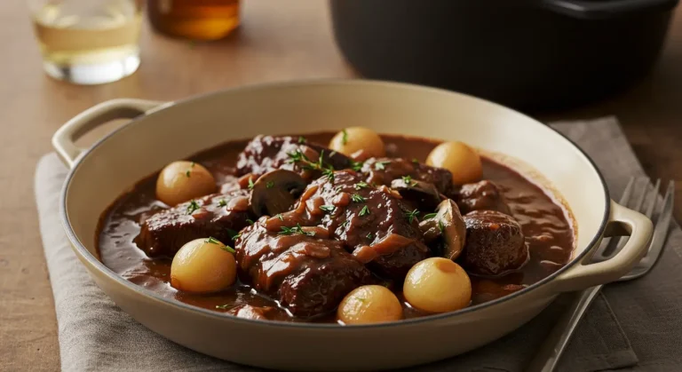 Bœuf Bourguignon traditionnel dans une cocotte en fonte, garni d'herbes fraîches