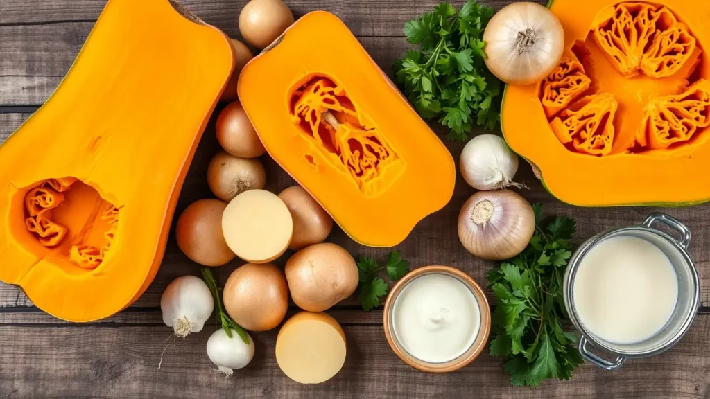 Ingrédients frais pour une soupe au potiron recette de grand-mère : potiron, oignon, pommes de terre, crème, herbes