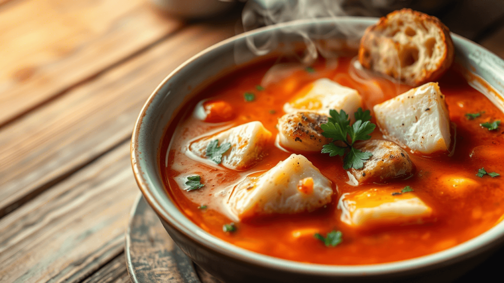 Soupe de poisson maison servie chaude avec des croûtons et du persil frais.