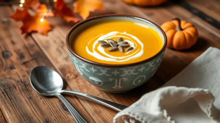 Bol de soupe butternut Thermomix crémeuse servi chaud avec des graines de courge.