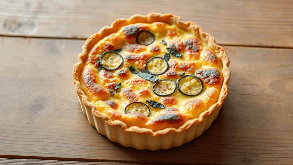 Quiche courgette dorée sortie du four, présentée sur une table en bois rustique