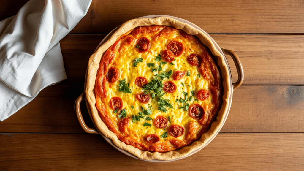 Quiche thon tomate dorée sortie du four, servie dans un plat rustique