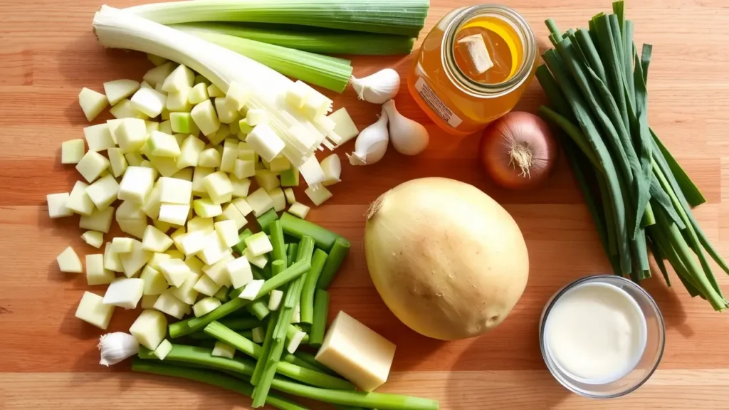 Ingrédients frais pour une soupe poireaux pomme de terre : poireaux, pommes de terre, oignon, ail, bouillon, crème.