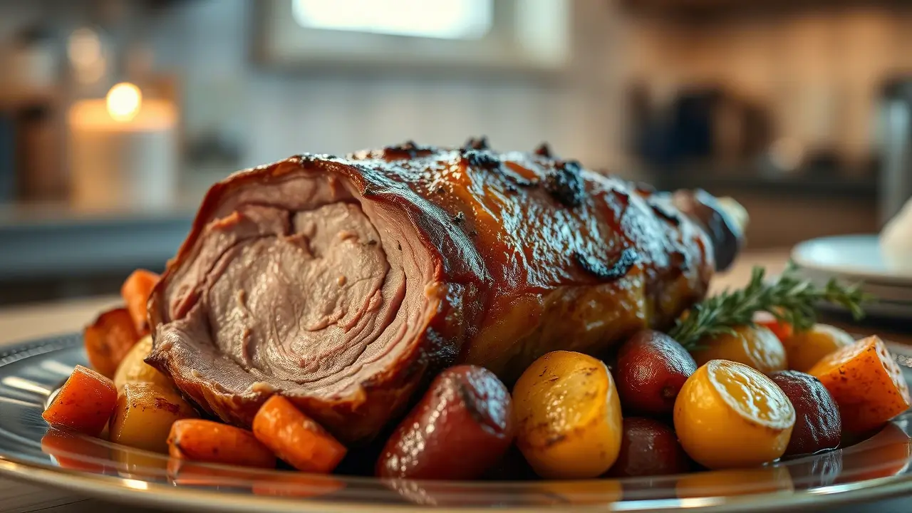 Roti de veau au four doré et juteux prêt à être servi