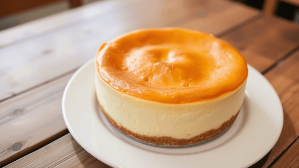 Gâteau au fromage blanc doré et léger présenté sur une assiette élégante.