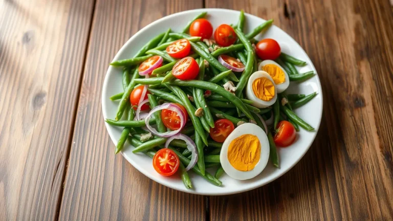 Salade haricots verts dressée dans une assiette avec tomates cerises, œufs et oignons rouges.