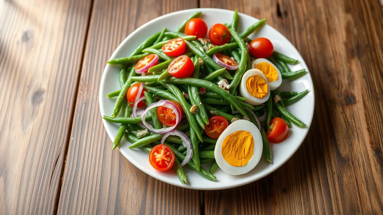 Salade haricots verts dressée dans une assiette avec tomates cerises, œufs et oignons rouges.