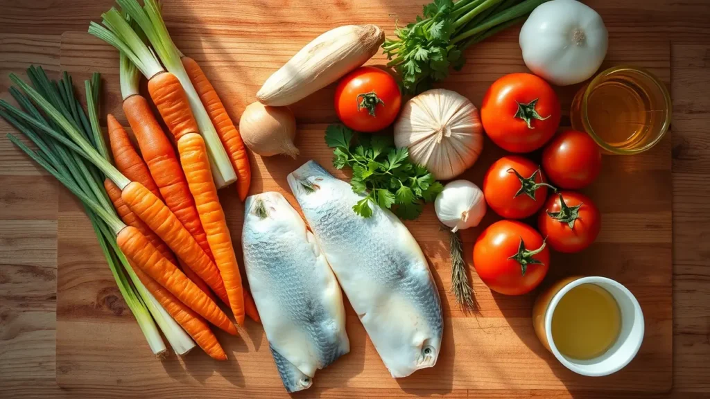 Ingrédients frais pour préparer une soupe de poisson