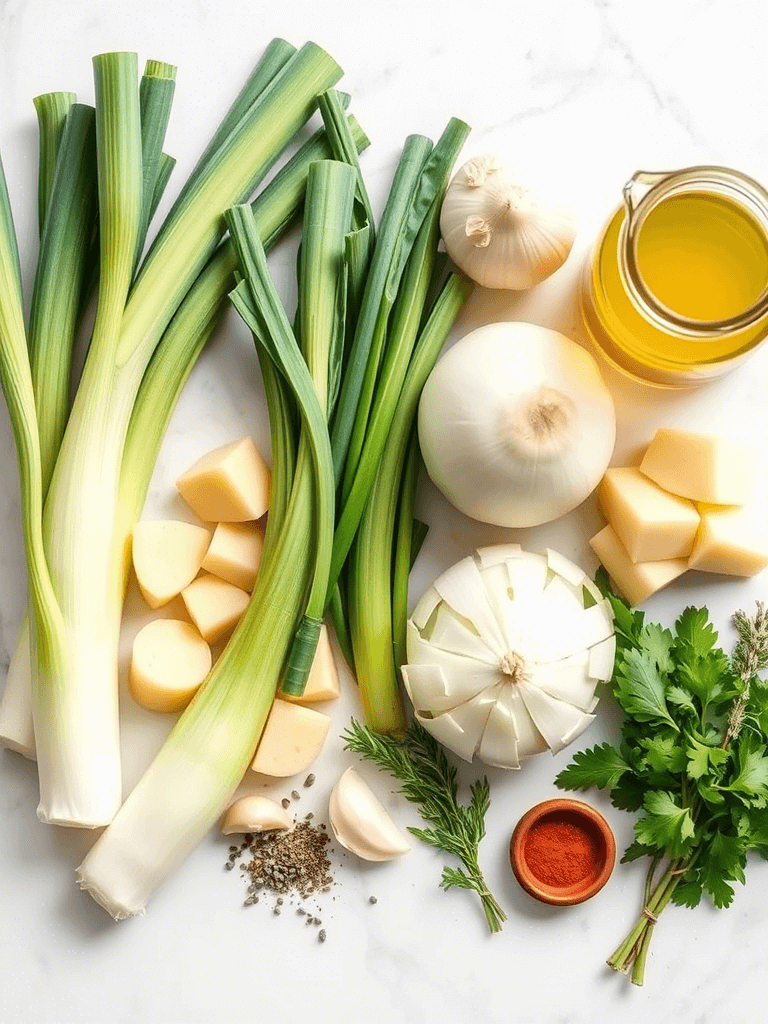 Ingrédients frais pour une soupe poireaux : poireaux, pommes de terre, oignons, bouillon