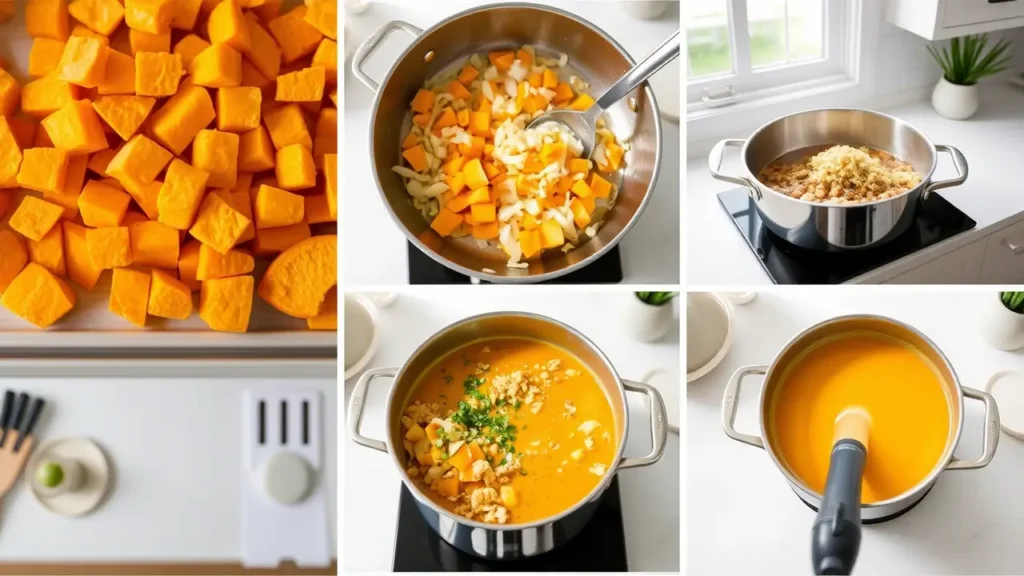 Préparation de la soupe de butternut avec courge coupée, oignons et mixage