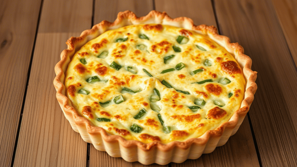 Quiche aux poireau dorée et croustillante présentée sur une table en bois, entière et en version tranchée.