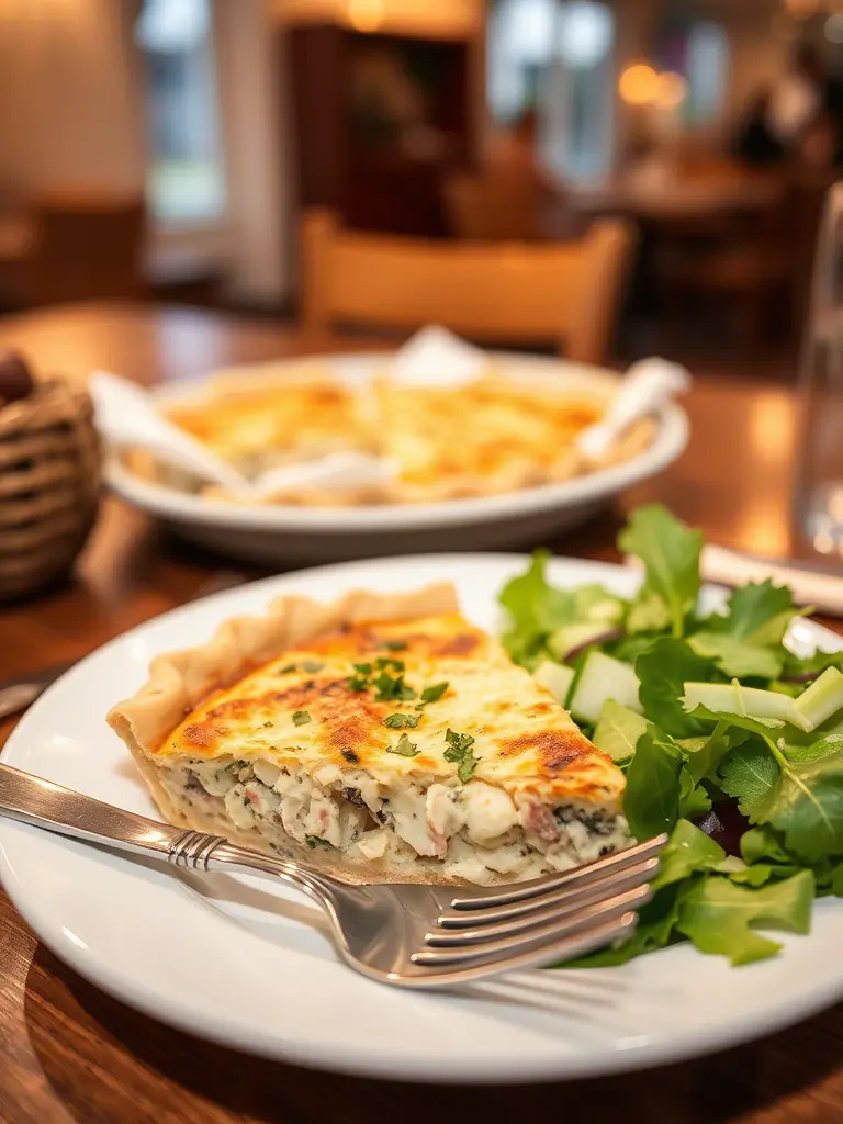 Recette quiche au thon servie en parts avec une salade verte en accompagnement.