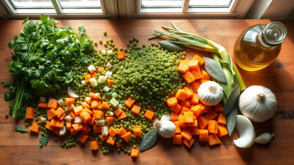 Ingrédients pour une soupe de lentilles maison : lentilles, carottes, oignons, céleri, ail, herbes