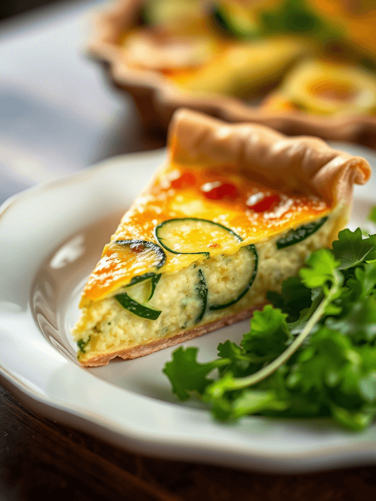 Part de quiche courgette servie avec une salade verte