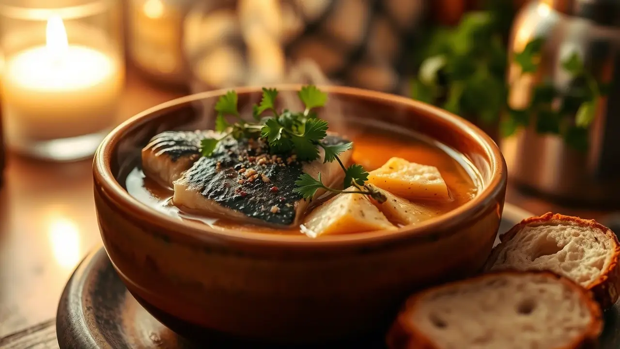 Soupe de poisson maison servie chaude avec des herbes fraîches