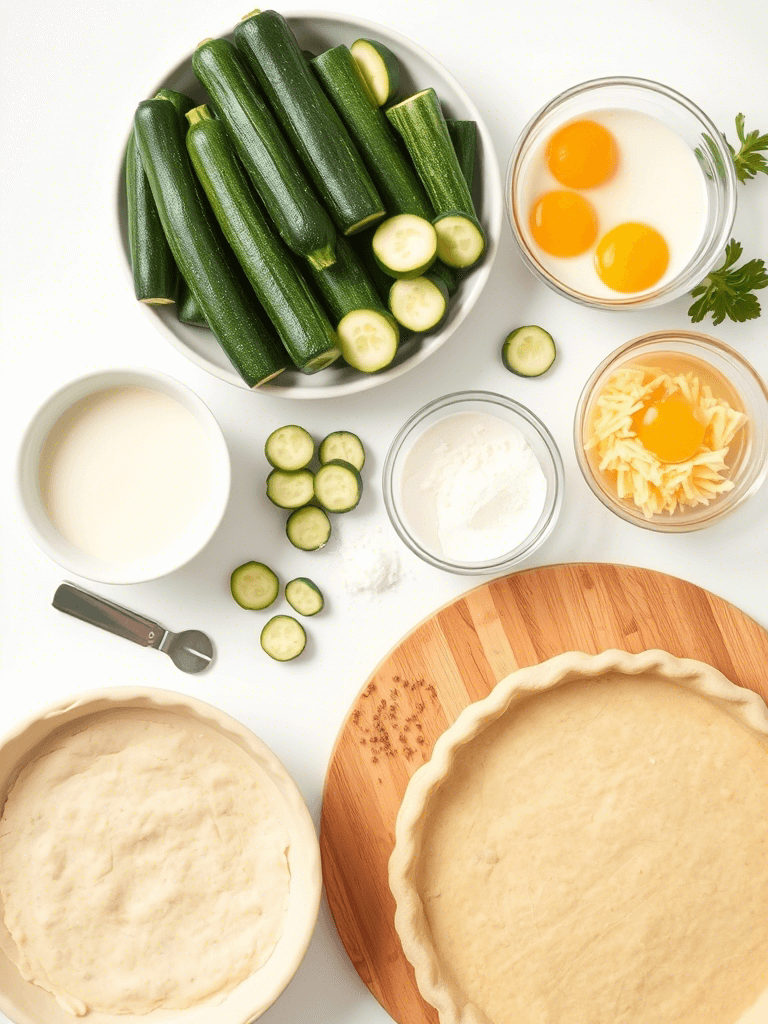 Ingrédients frais pour préparer une quiche courgette