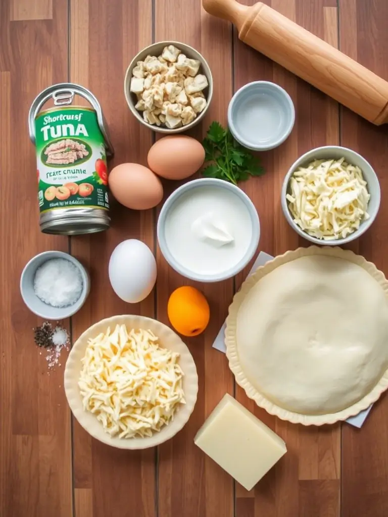 Ingrédients de la recette quiche au thon : thon, œufs, crème, fromage, pâte brisée, épices.