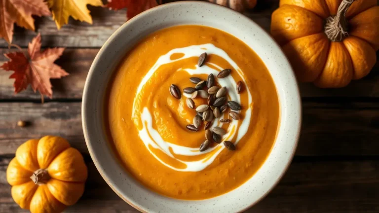 Bol de soupe butternut veloutée, décoré de crème et de graines grillées, servi chaud.