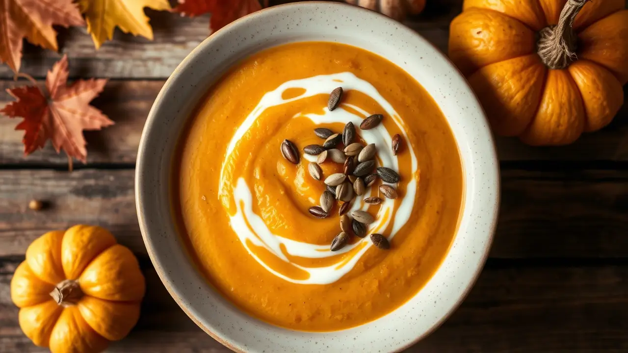 Bol de soupe butternut veloutée, décoré de crème et de graines grillées, servi chaud.