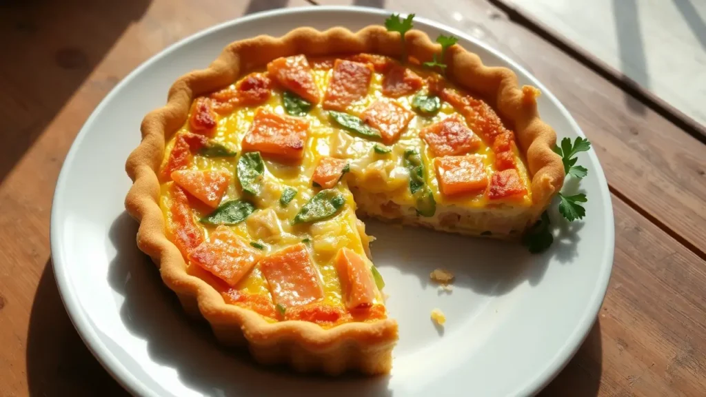 Quiche saumon poireaux dorée sortie du four, servie sur une assiette avec salade verte