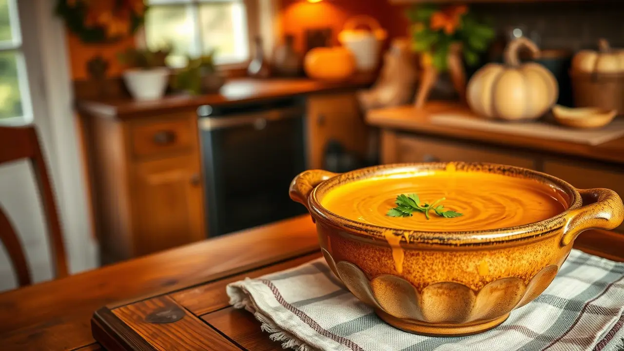 Bol de soupe au potiron recette de grand-mère, servi chaud avec du persil frais