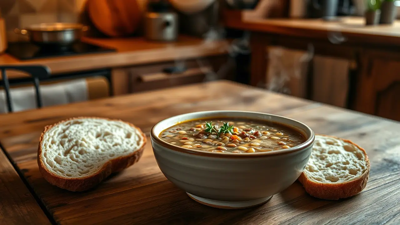 Bol de soupe de lentilles chaude et savoureuse, servie avec du pain frais